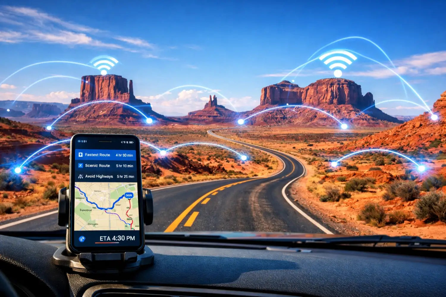 Black smartphone on car dashboard showing GPS route options and ETA for USA road trip
