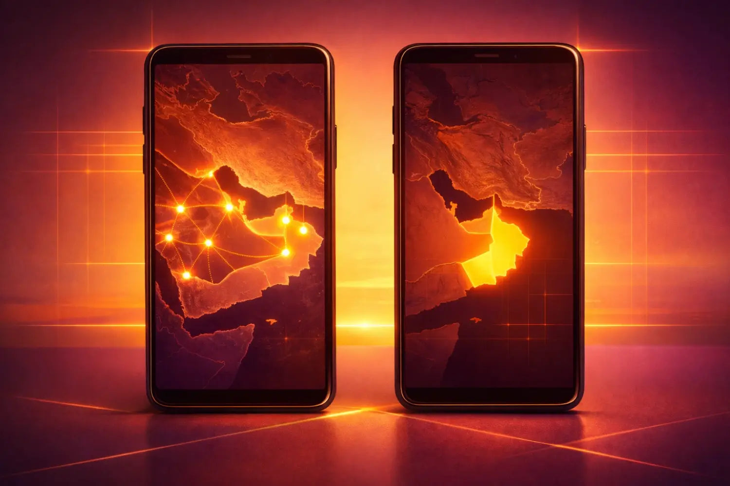 Two black smartphones display orange yellow Middle East world maps for eSIM Gulf trips