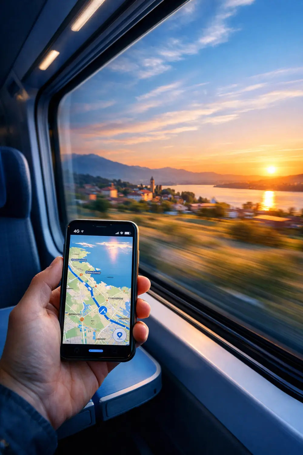 Black smartphone showing Europe map route in hand on train at sunset