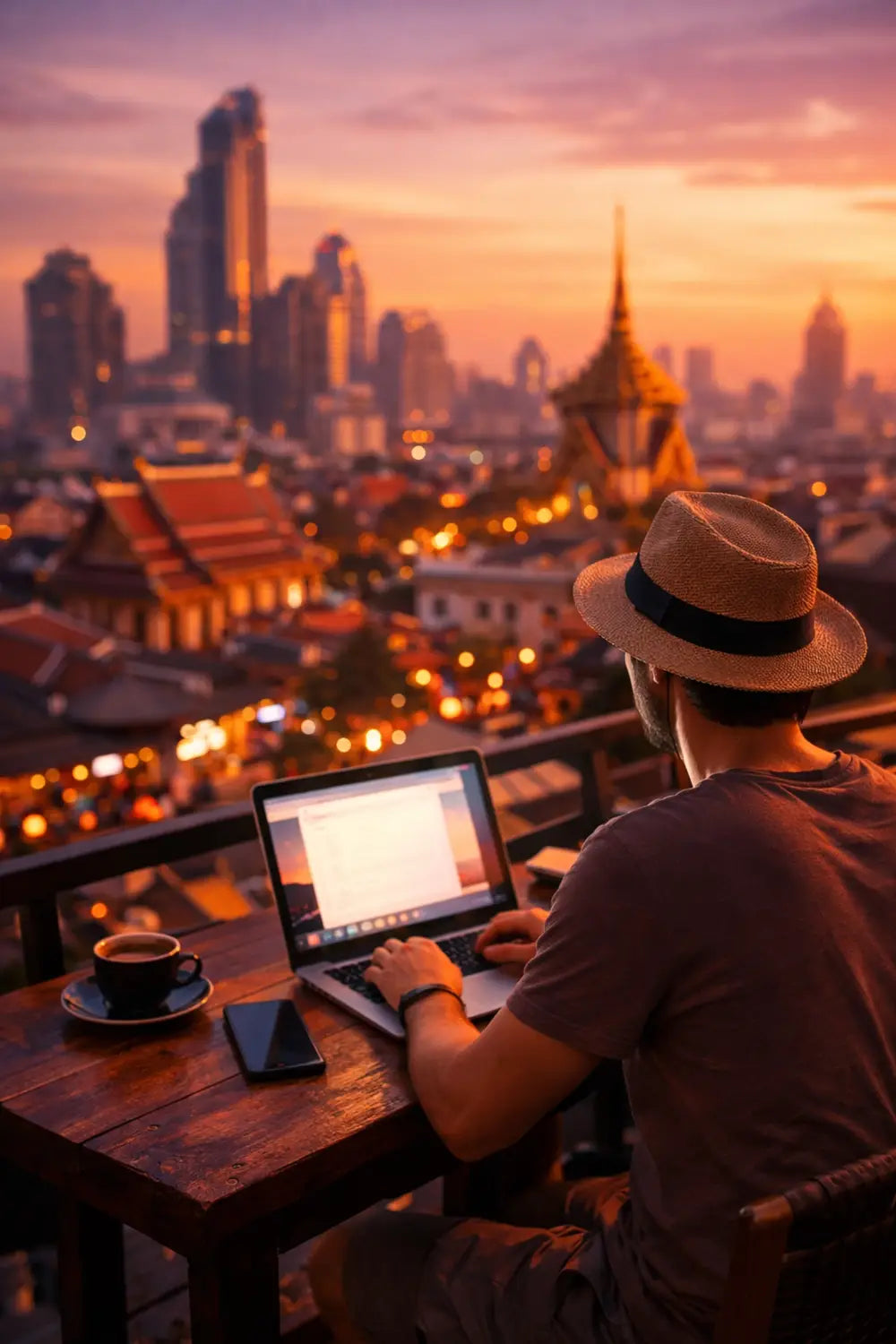 Man in straw fedora works on laptop at sunset city skyline, choosing eSIM plans