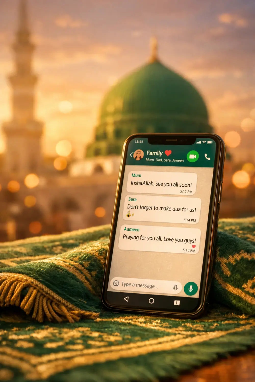 Black smartphone showing WhatsApp family chat on green gold prayer rug
