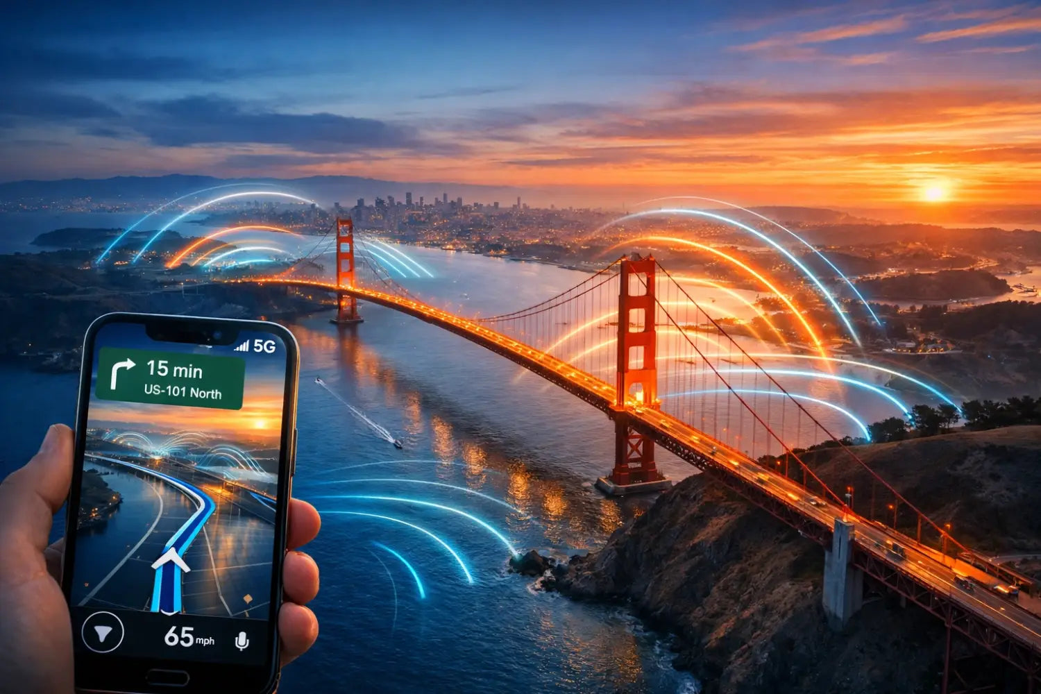 Sleek black smartphone showing 5G navigation app with blue signal arcs over Golden Gate Bridge in USA travel guide.