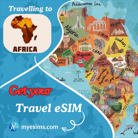 Africa travel eSIM map showing multiple destinations and mobile data connectivity
