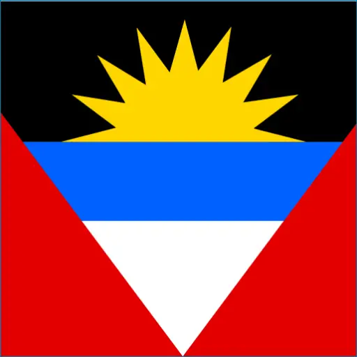 Antigua and Barbuda flag with red, white triangles and yellow starburst on black background