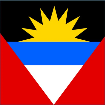 Antigua and Barbuda flag with red, white triangles and yellow starburst on black background