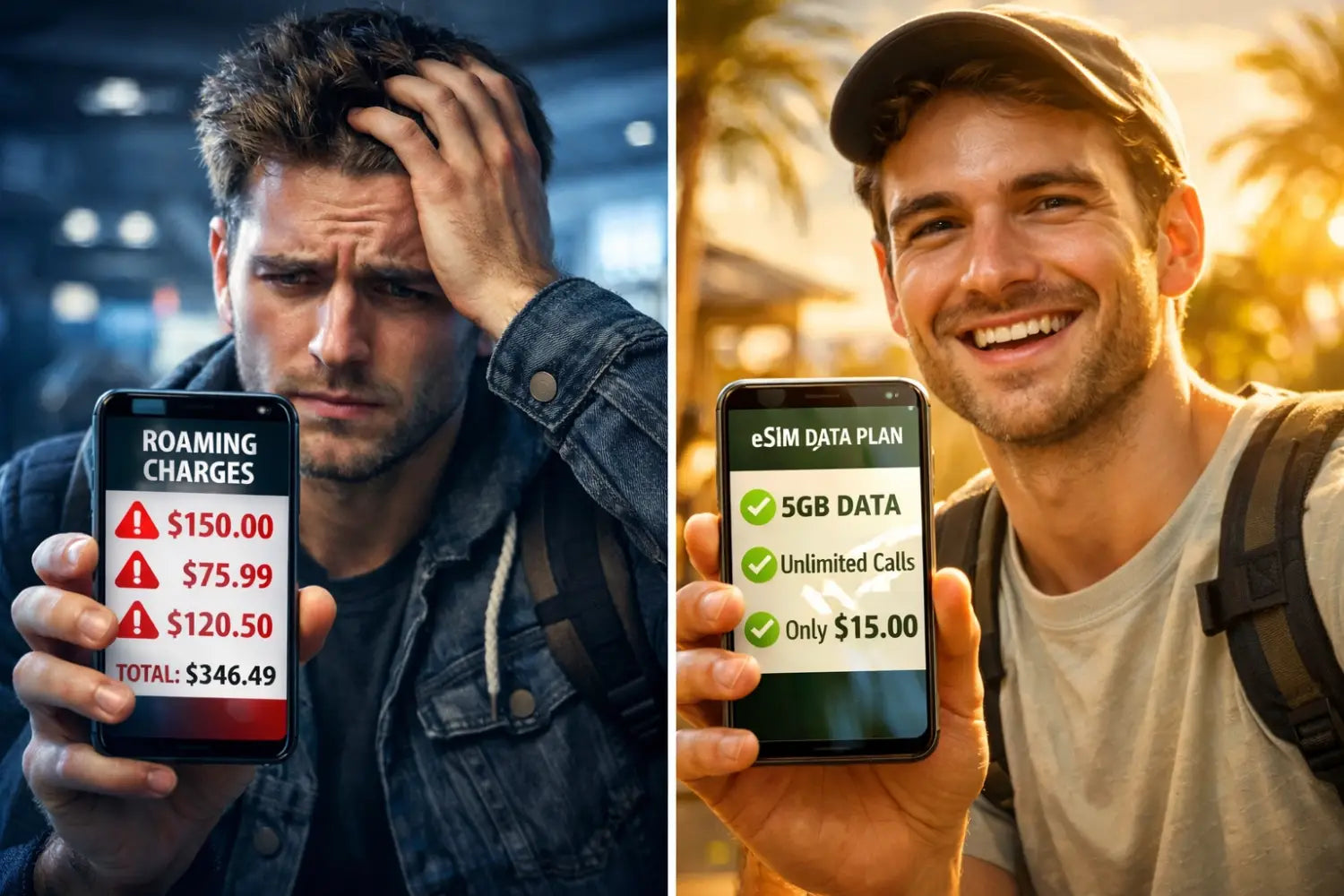 Black smartphone screen showing Saudi eSIM roaming charges and data plans