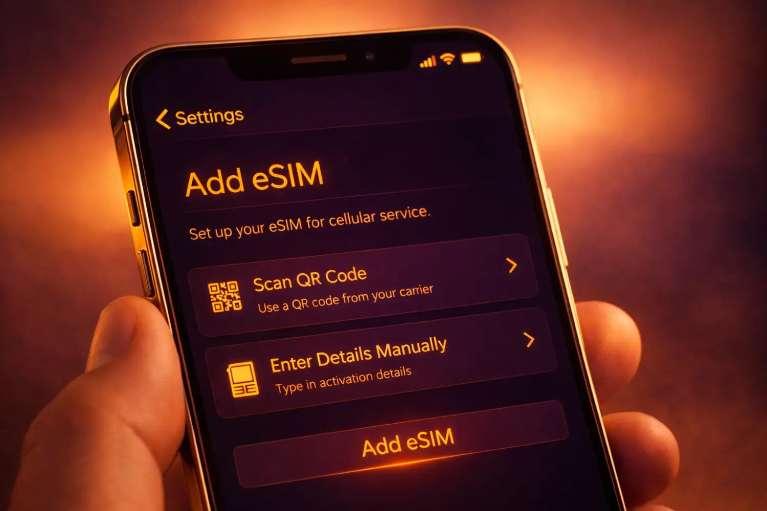 Gold iPhone showing add eSIM screen with QR scan for Gulf trips