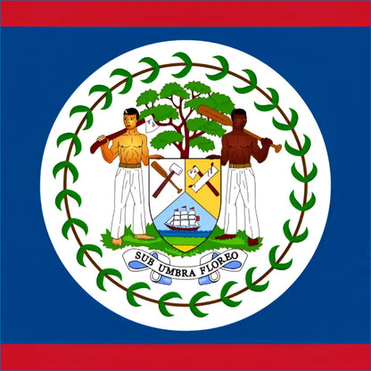 Belizean flag with two figures holding tools and green leaves, ideal for travel esim data plan