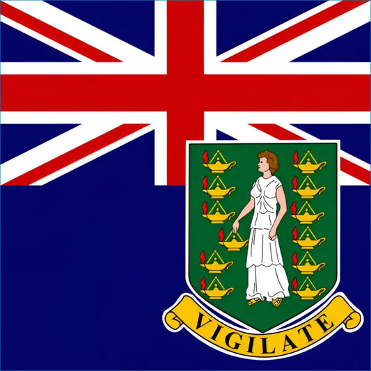 British Virgin Islands flag with coat of arms featuring a woman holding lanterns