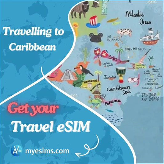 Caribbean regional eSIM map showing island destinations and travel data connectivity