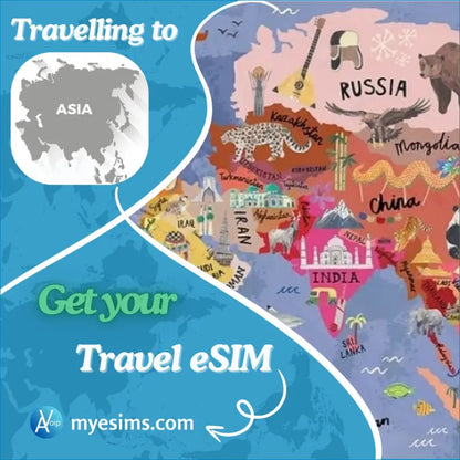 Asia travel advertisement showcasing Central Asia eSIM for data and roaming connectivity