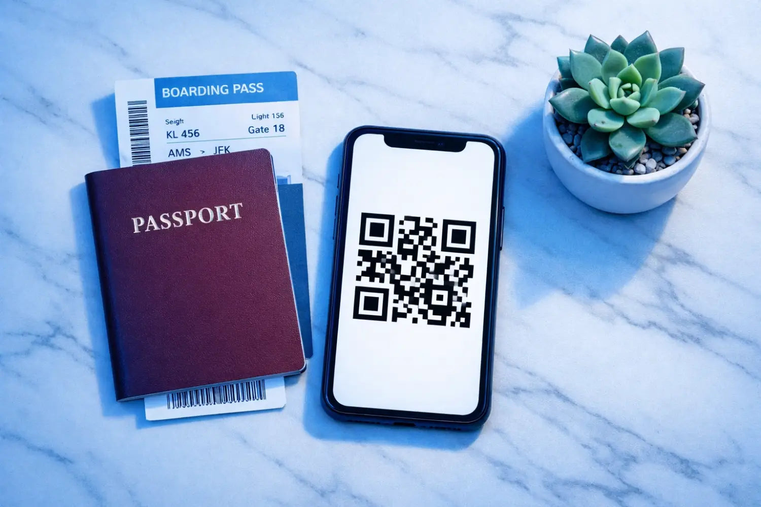 Black-framed smartphone screen showing black-and-white QR code for eSIM setup