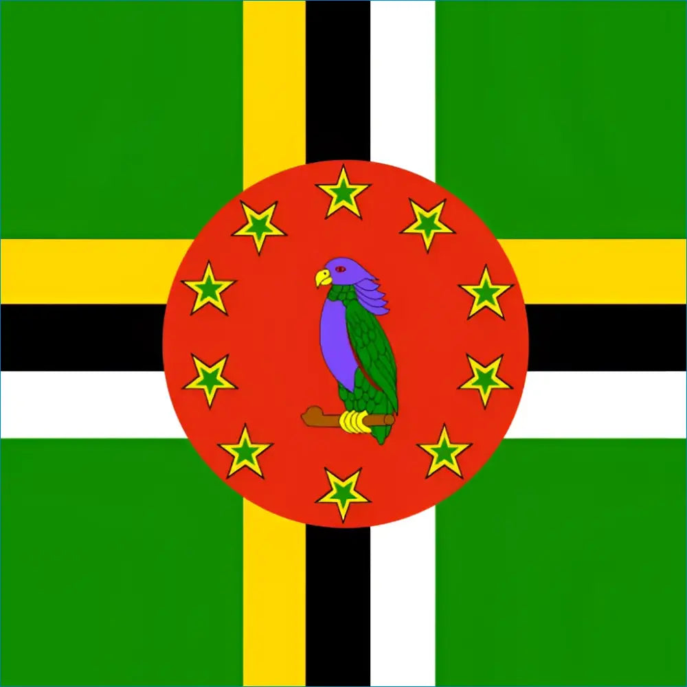 Purple parrot on red circle with yellow stars representing Dominica South America eSIM data plan