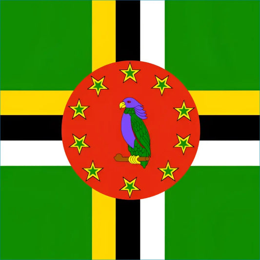 Purple parrot on red circle with yellow stars representing Dominica South America eSIM data plan