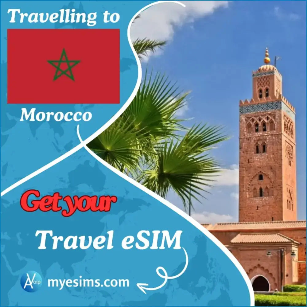 Red and green travel eSIM card with palm tree design for mobile data and highest speeds