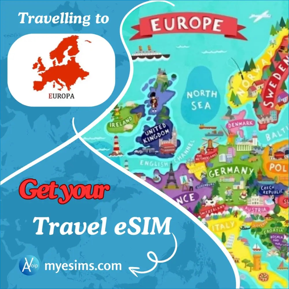 Travel eSIM card with colorful Europe map design for mobile data and high-speed connectivity