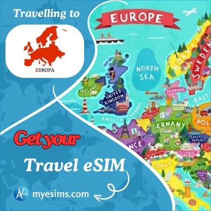 Travel eSIM card with colorful Europe map design for mobile data and high-speed connectivity