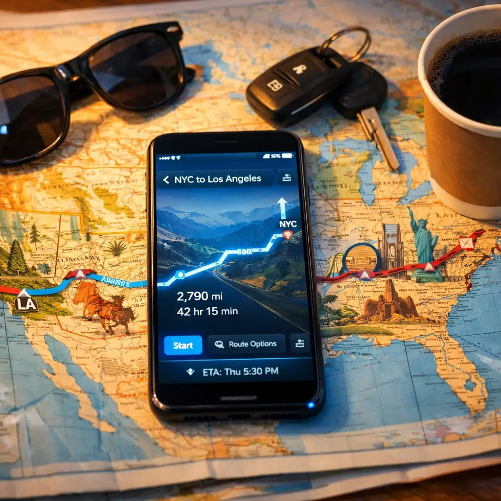 Black smartphone showing NYC to LA route for cheap data travel
