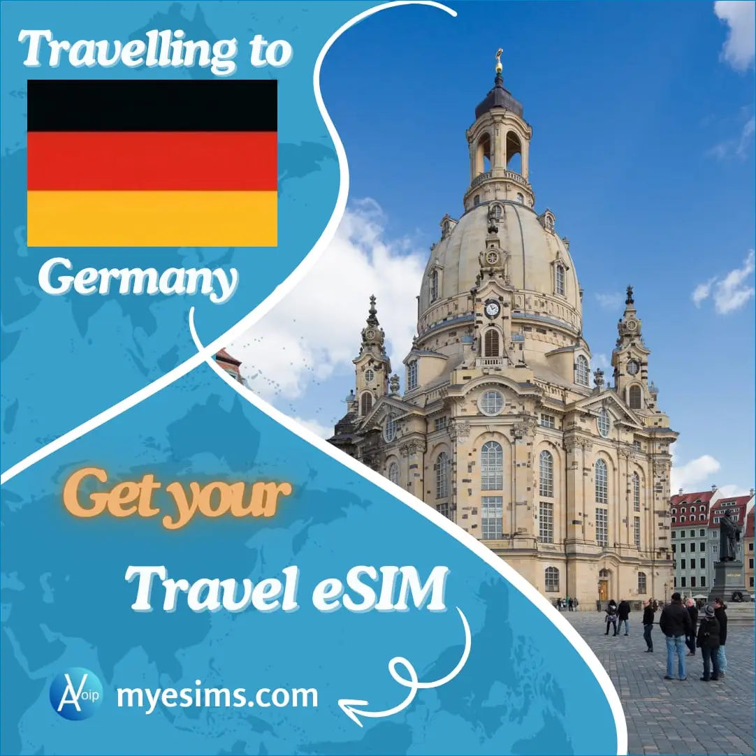 Germany travel eSIM illustration featuring autumn city travel and mobile connectivity