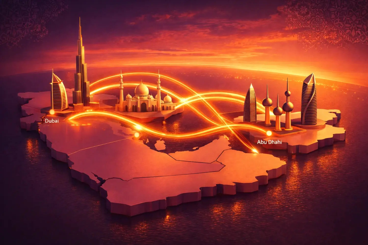 Glowing UAE map with Burj Khalifa and Sheikh Zayed Mosque for Gulf eSIM trips