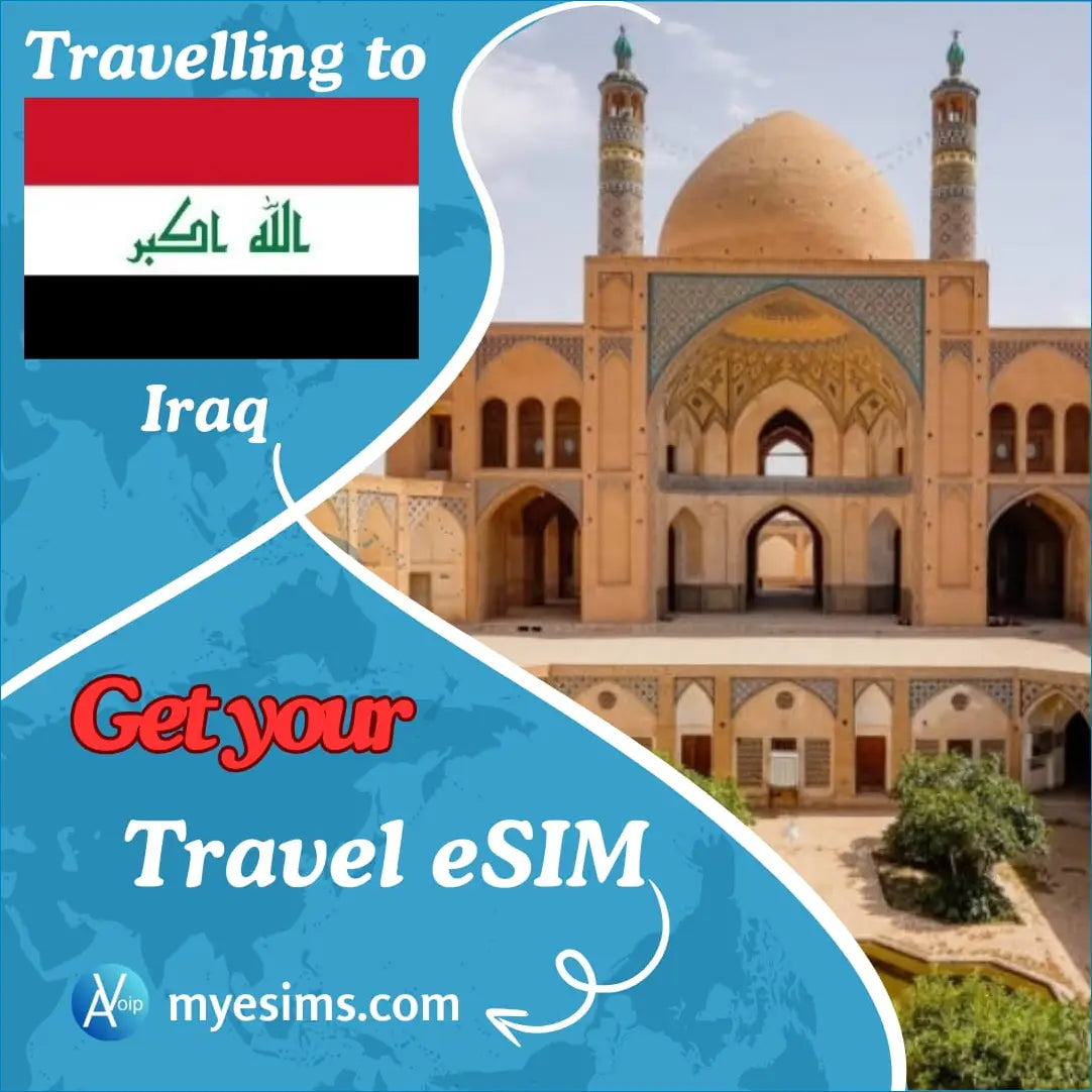 Iraq travel eSIM with ornate mosque golden dome and minarets