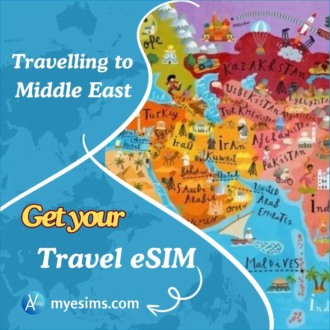 Illustrated Middle East travel eSIM map for Umrah and regional connectivity