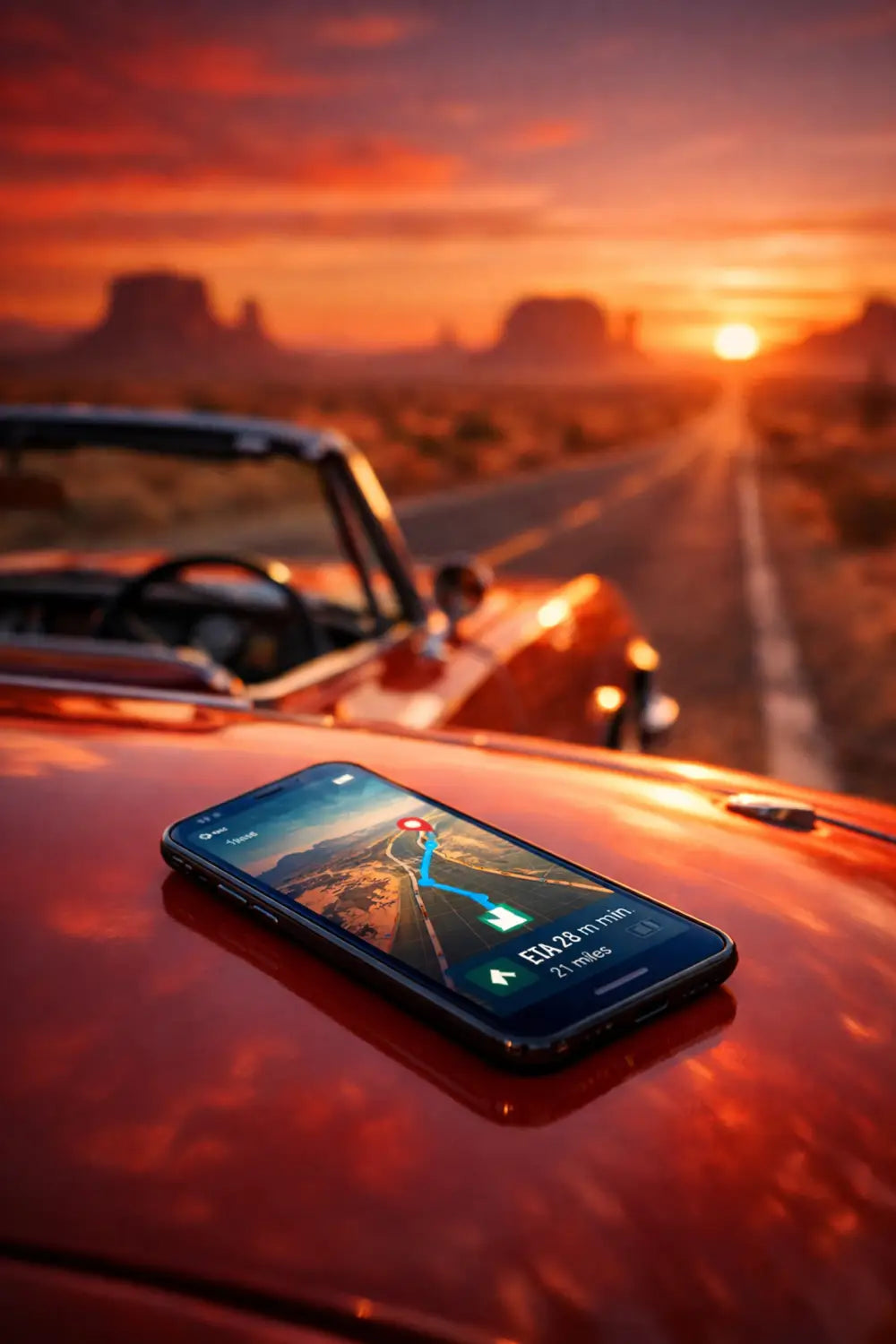Sleek black smartphone showing navigation map on red car hood, ideal for USA roaming.