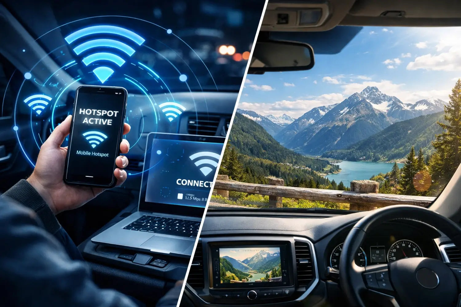 Black smartphone showing mobile hotspot interface with blue Wi-Fi symbols, ideal for USA road trips with eSIM.