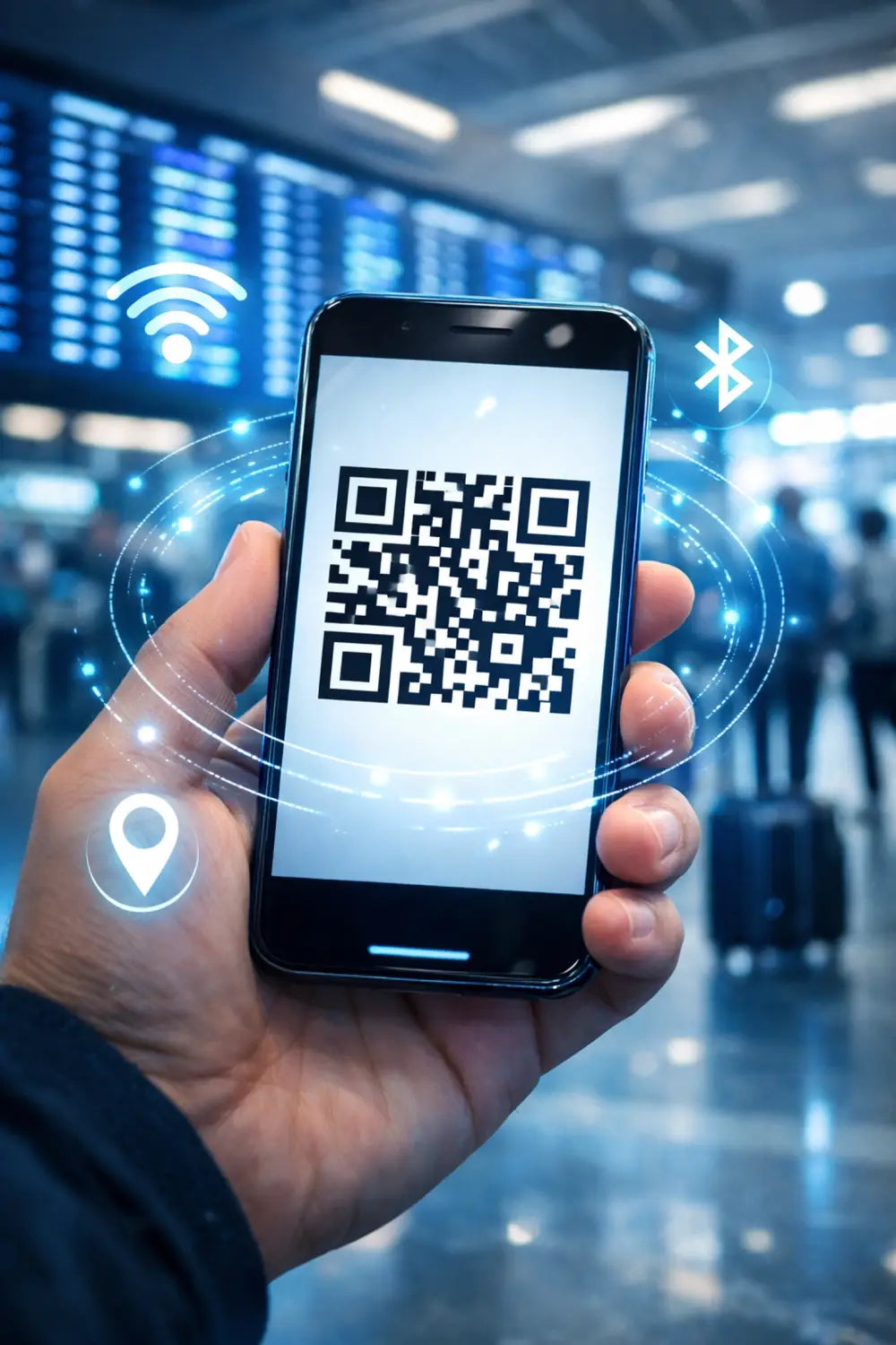 Black smartphone showing QR code for eSIM in USA travel guide