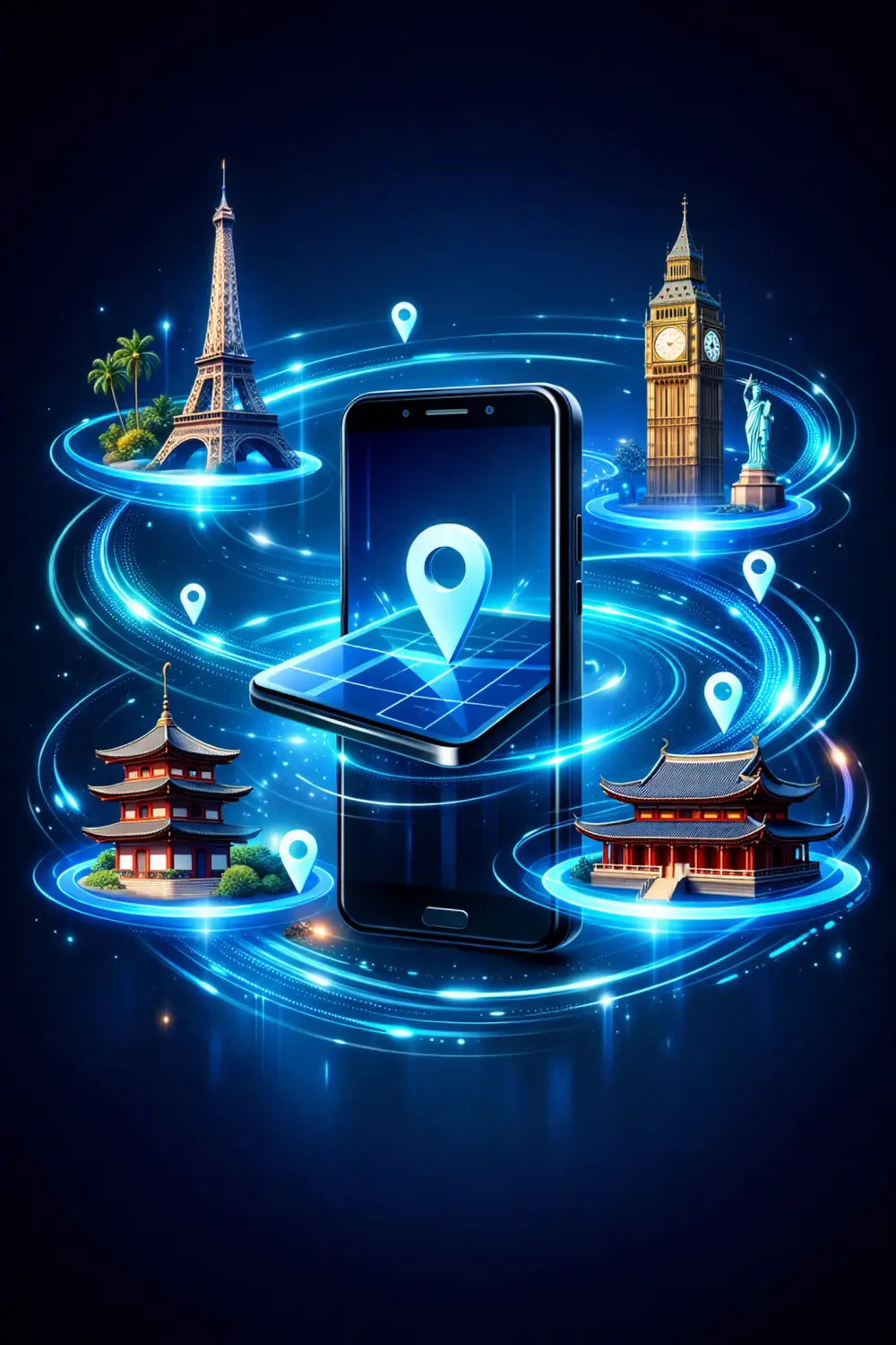 Sleek black smartphone showing glowing blue location pin with global landmarks and light trails