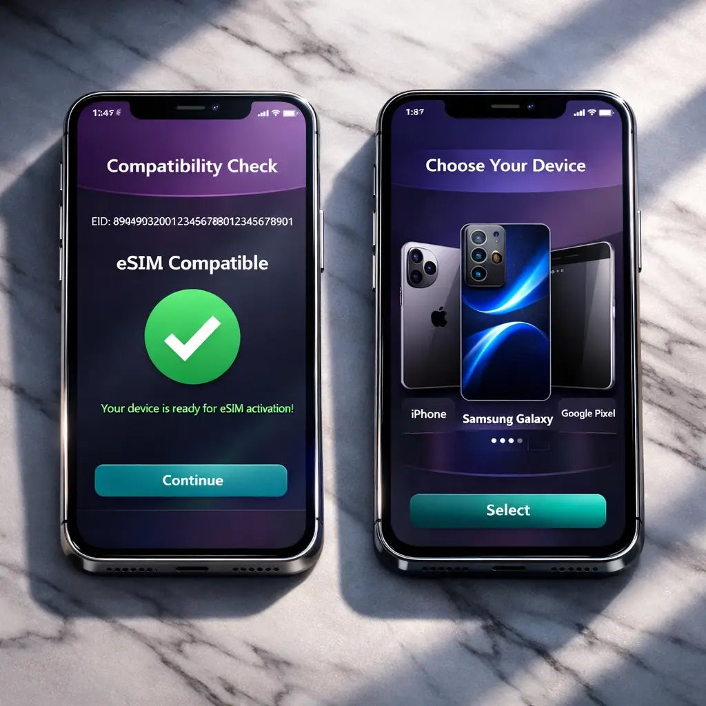 Two smartphones showing eSIM compatibility check and Saudi device selection for iPhone, Samsung Galaxy, Google Pixel