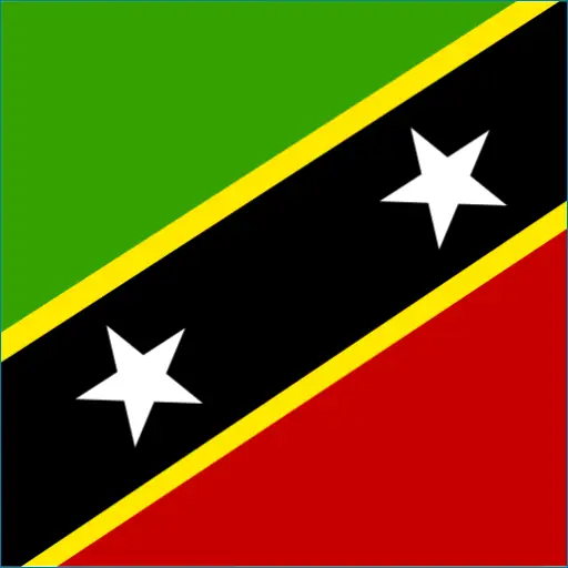 Saint Kitts and Nevis flag with green, red, black stripe, yellow border, white stars
