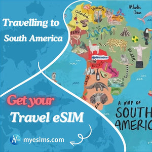 Colorful illustrated map of South America featuring landmarks for South America eSIM users
