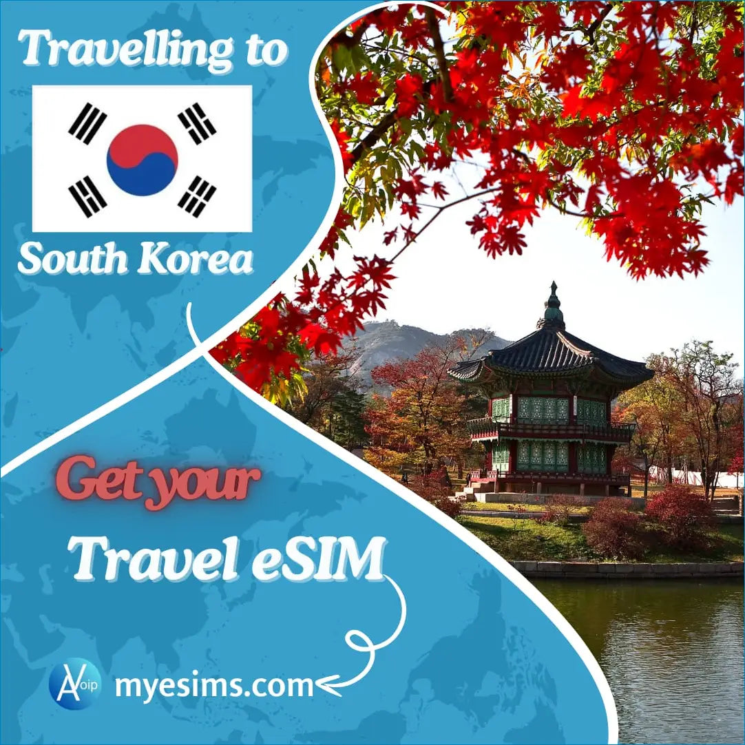 South Korea travel eSIM product image with autumn foliage, a pavilion and warm red tones