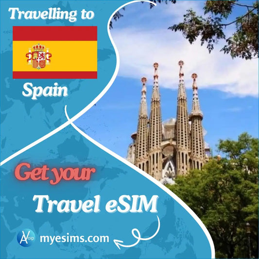 Spain travel eSIM visual featuring the Sagrada Familia and mobile data connectivity