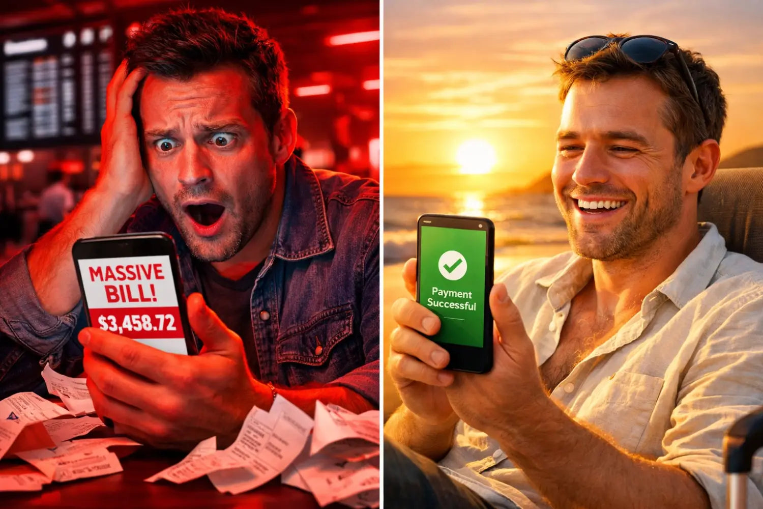 Black smartphone showing green payment successful screen for prepaid eSIM