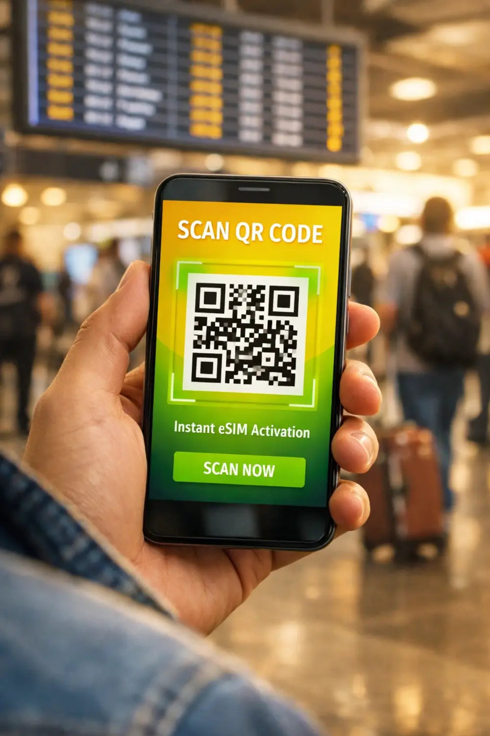 Black smartphone screen showing green-yellow QR code for eSIM activation