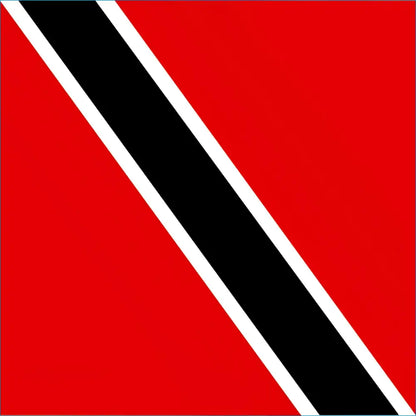Red and black diagonal stripe flag sticker with white borders for Trinidad and Tobago travel esim