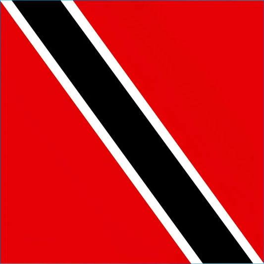 Red and black diagonal stripe flag sticker with white borders for Trinidad and Tobago travel esim