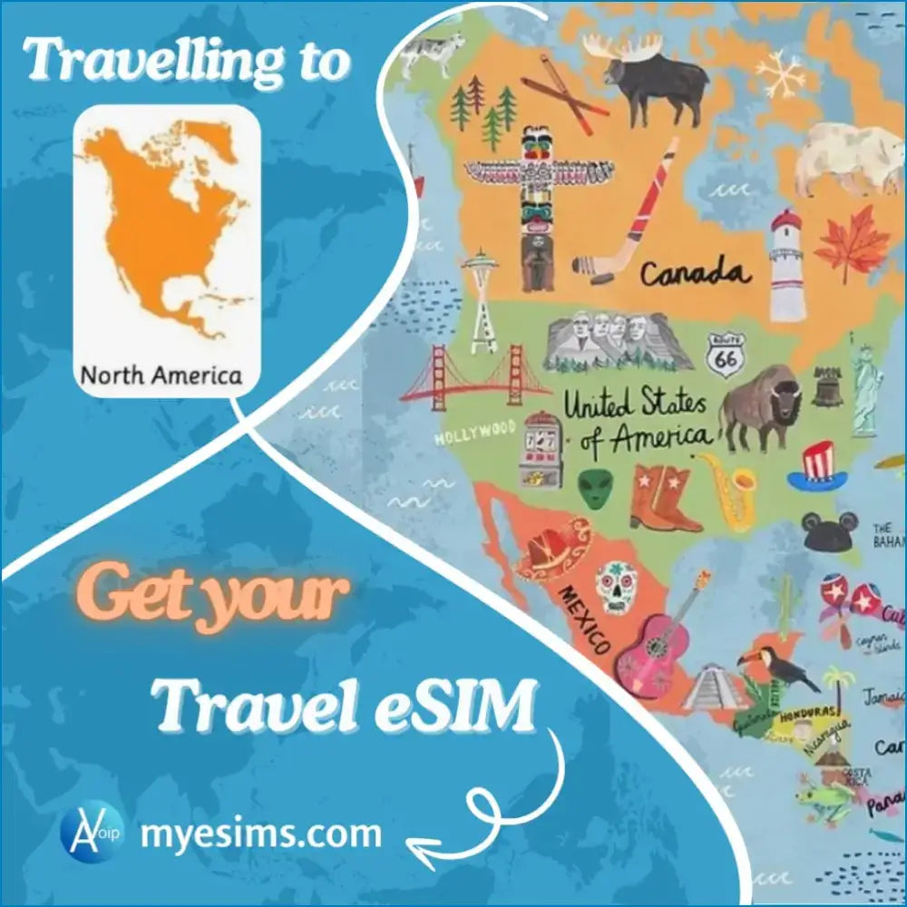 Travel eSIM card with colorful North America map for USA Canada roaming data plan