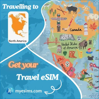 Travel eSIM card with colorful North America map for USA Canada roaming data plan