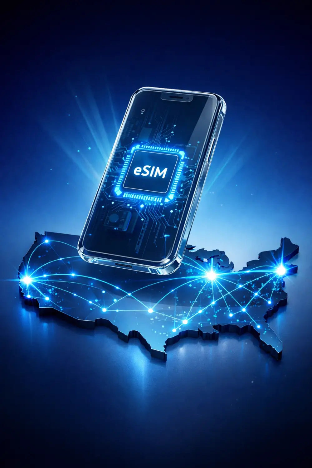 Sleek transparent smartphone showing glowing blue eSIM chip for USA travel data.