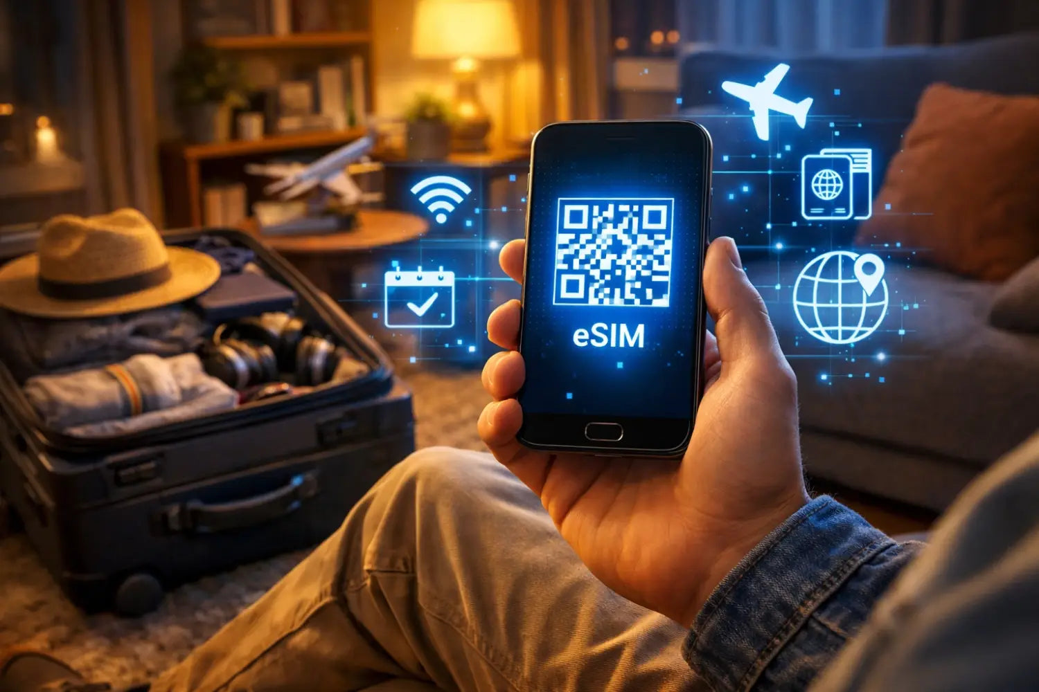 Black smartphone showing eSIM QR code amid glowing travel icons