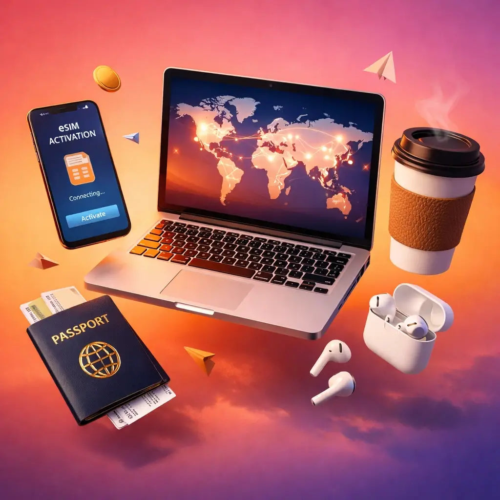 Silver laptop displaying world map for global eSIM travel plans