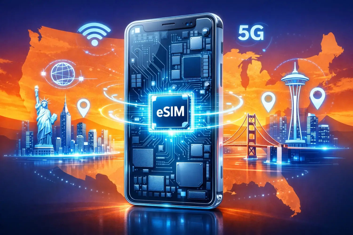 Futuristic smartphone with transparent screen and illuminated eSIM chip